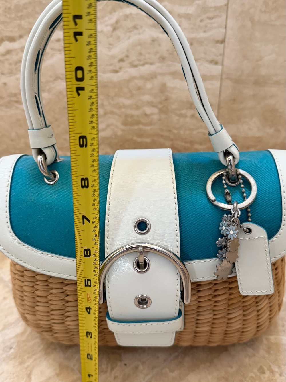 coach Y2K vintage SUMMER straw leather PURSE Teal and White Woven Top-Handle - Picture 5 of 16